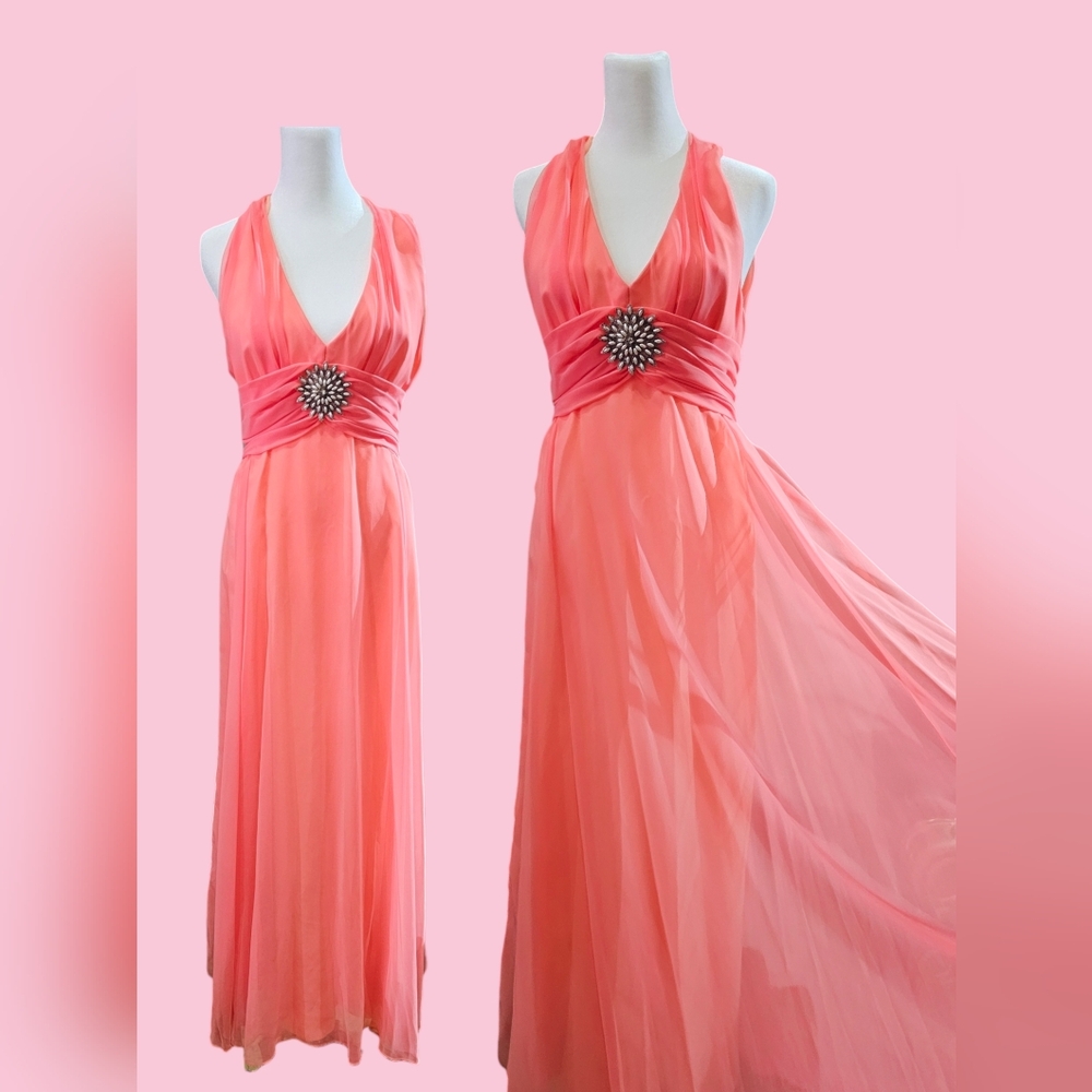 🍑70s Emma Domb Peach Chiffon Halter Evening Gown Pageant Prom